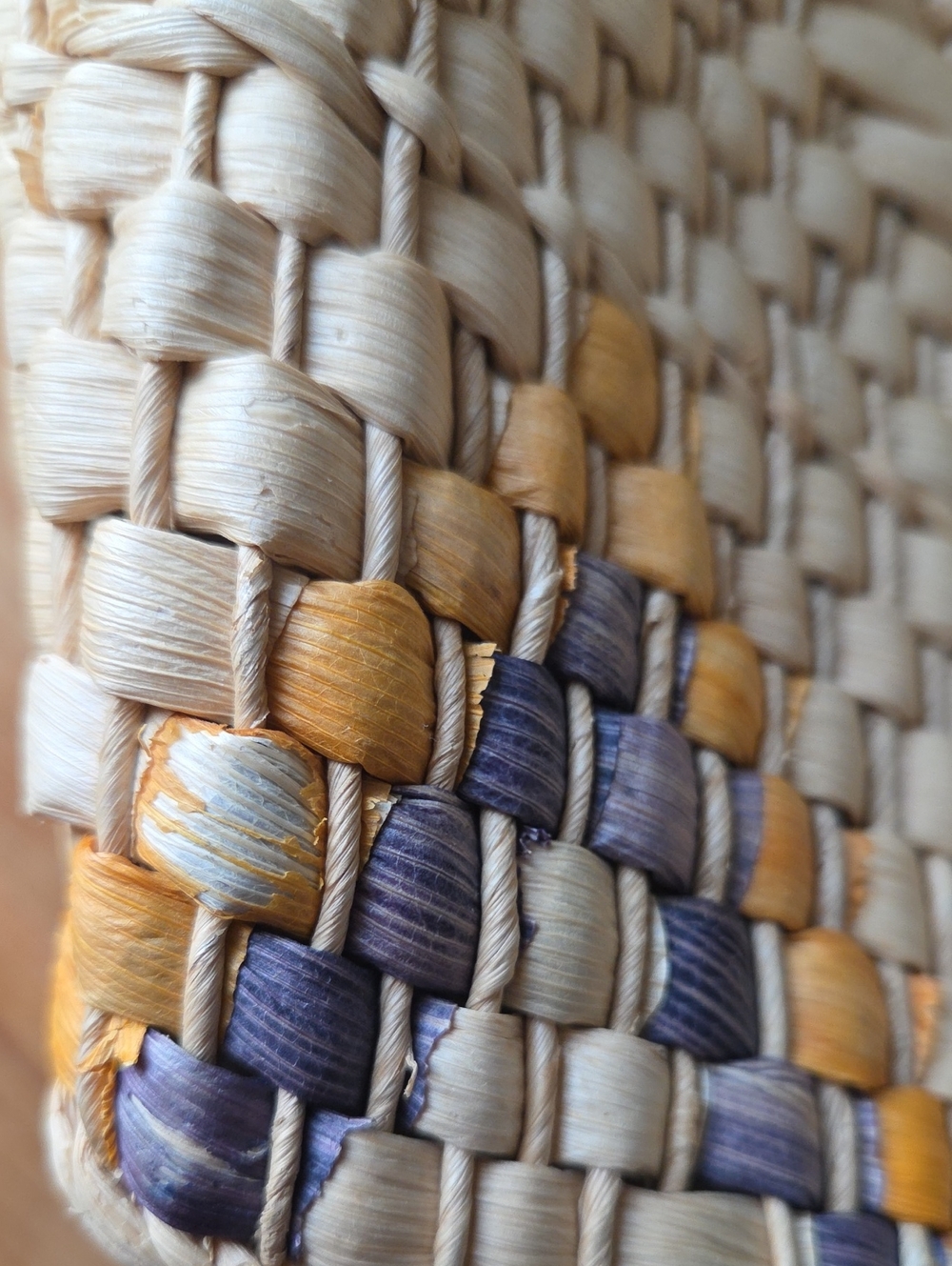 Woven Straw Tote Bag Blue Mustard Geometric Beach Vintage Style - Picture 10 of 14